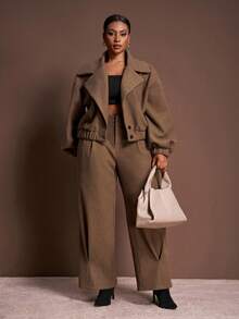 Veslaya 2025 Spring/Autumn New Arrival, Elegant & Commute & Party & Date, Solid Brown, Loose Fit Long Sleeve Plus Size Lapel Wool Blend Short Jacket For Plus Size Women - A Winter Fall