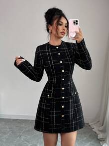 Elenzga 女式格子圆领长袖金属单排扣优雅短款连衣裙 - 黑色 - 查看 3