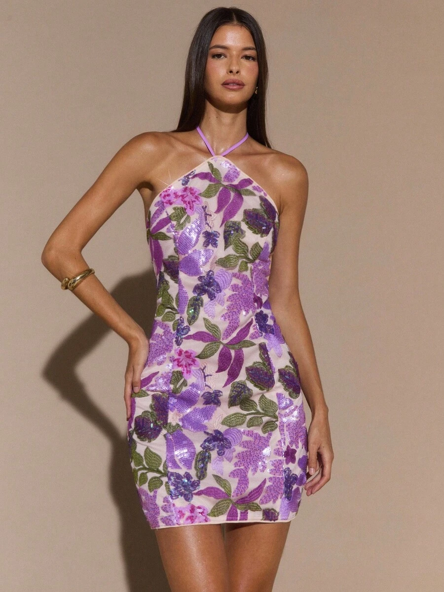SHEIN BAE Váy ngắn hở lưng thêu hoa sequin màu tím trơn, thích hợp cho ngày lễ tình nhân, tiệc cưới phù dâu, váy maxi sequin sinh nhật, váy sequin hở lưng, váy sequin hở lưng, thích hợp cho tiệc tùng, hộp đêm, váy ngắn sequin cho dịp trang trọng - Màu tím - Xem 1