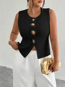 Firerie Plus Size Women Metal Sun Decor Ribbed Casual Knit Vest In Fall/Winter - Black - View 7