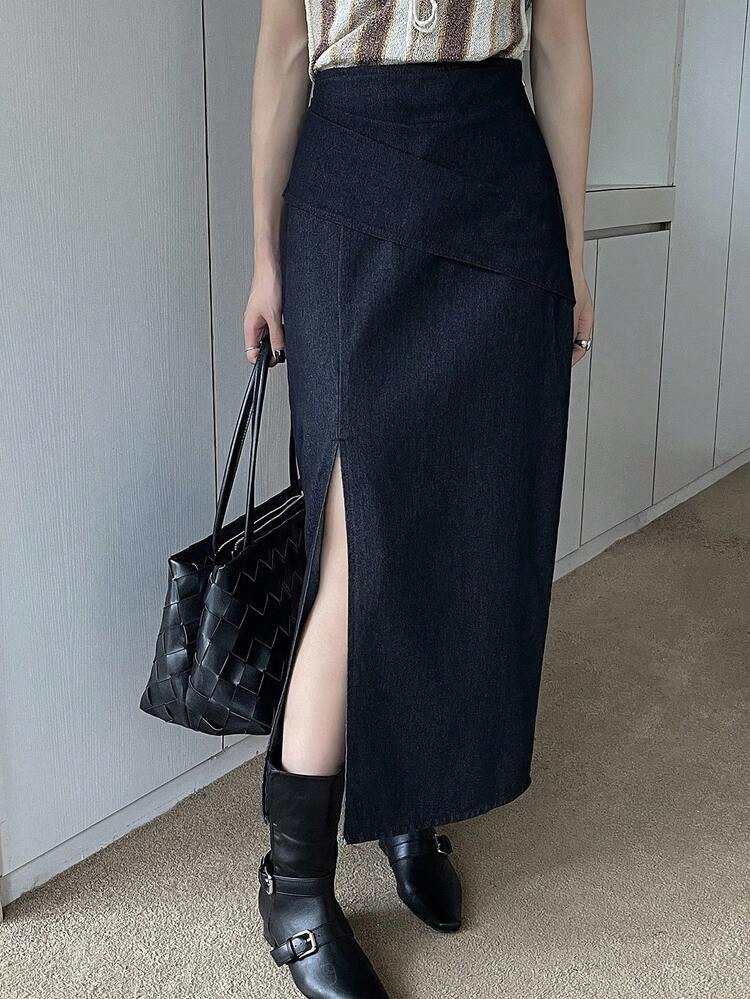 Women's Elegant Wrap-Around Straight Denim Skirt With Slit And Pleats