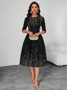 SHEIN Lady 女式闪亮印花圆领七分袖优雅中长连衣裙