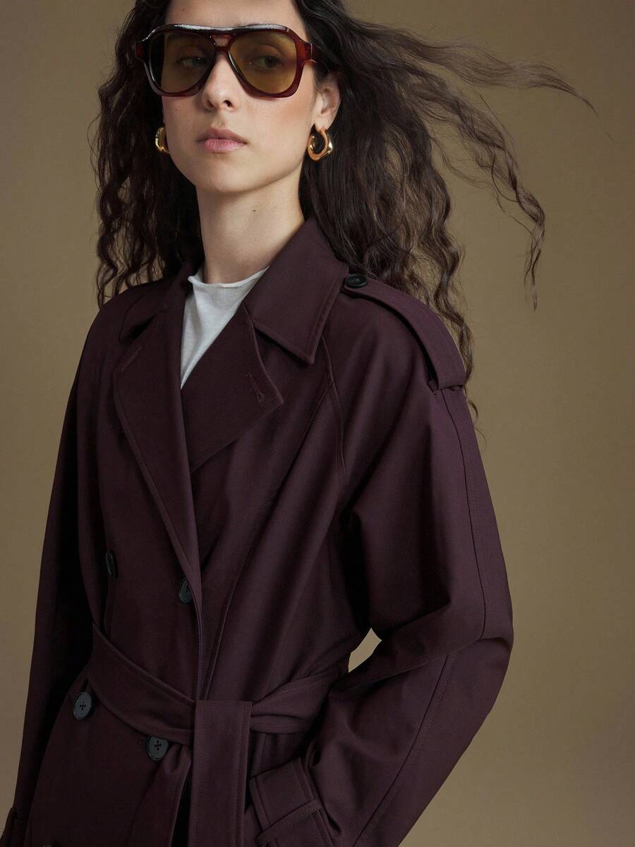 Ontre 2025新款现代都市风深棕色中长款女式风衣翻领宽松版型肩带长袖真口袋商务通勤休闲风秋季服装 - 鏽棕色 - 查看 1