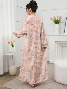 Al Najma 2025夏季新款V领阿拉伯风格印花拼布欧根纱直袖连衣裙 - 淺粉色 - 查看 2