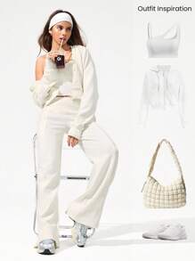 GLOWMODE Pantalones jogger de cintura alta con cordón ajustable, bolsillos laterales y piernas anchas de 30" de modal y felpa, para uso diario y casual - Blanco - Ver 5