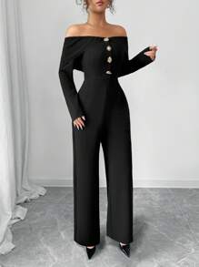 Modelyn 1 pieza Mono de manga larga con volantes y hebilla metálica off-shoulder para mujer - Negro - Ver 9
