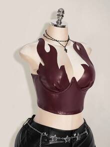 SHEIN ICON Plus Size PU Flame Print Top, Carnival Costume, Party Wear, Halloween,Fall