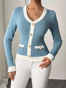 Selianne 新款拼接二合一V领修身长袖T恤，秋冬图案T恤女款春季上衣 - 彩色 - 查看 6