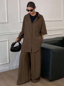 Livesso Toamna/Iarna Nou Lejer Casual Culoare Solidă Slouchy Femei Set 2 Piese Seturi de Lejerie Pentru Femei - cafea maro - Vizualizare 1