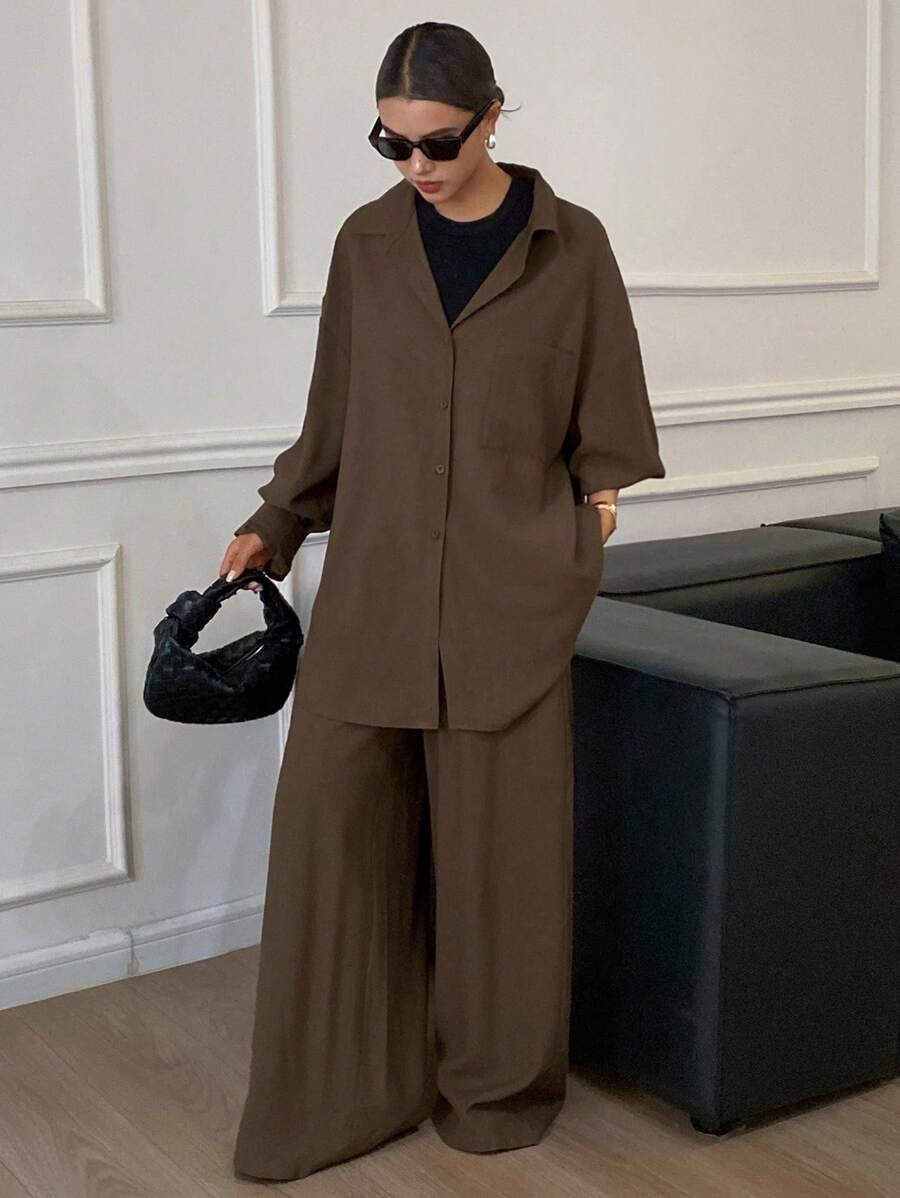 Livesso Toamna/Iarna Nou Lejer Casual Culoare Solidă Slouchy Femei Set 2 Piese Seturi de Lejerie Pentru Femei - cafea maro - Vizualizare 1