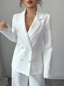 SHEIN Tall 女士优雅通勤白色提花面料缺口领双排扣装饰西装外套，长袖修身夹克+女士优雅通勤白色提花面料松紧腰长直筒裤 - 白色 - 查看 5