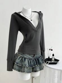 Elamini Áo hoodie chui đầu cổ chữ V sâu thường ngày cho nữ, áo nỉ dài tay tay raglan ôm sát - Xám - Xem 3
