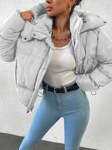 EURMUSE 女式纯色长袖拉链前抽绳连帽休闲冬季夹克 - 白色 - 查看 4