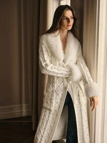 MOTF PREMIUM WOMEN'S FUR COLLAR RHINESTONE KNITTED BELTED CARDIGAN , AUTUMN/WINTER