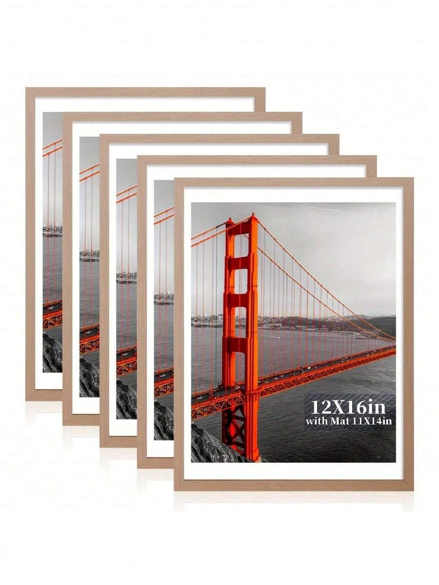 SHEIN 12x16in Wooden Color Wooden Picture Frames Set Of 5/3/2/1 With Mat For 11x14 Or Without Mat For 12x16, Wall Gallery Photo Frame For Both Vertical And Horizontal Display, Random Mats Included, No Picture Included Gifts Birthday Graduation - wood color - View 1