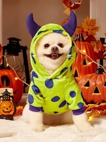 PETSIN 1pc Pet Cat Dog Universal Purple Polka Dot Print Plush Warm And Comfortable Little Monster Cosplay Dog Hooded Sweatshirt, PETSIN Original Design