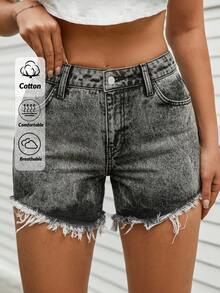SHEIN Cottnline Shorts de mezclilla con dobladillo crudo rasgado - Gris - Ver 1