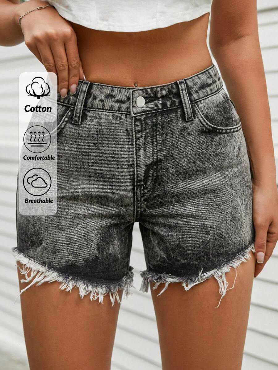 SHEIN Cottnline Shorts de mezclilla con dobladillo crudo rasgado - Gris - Ver 1