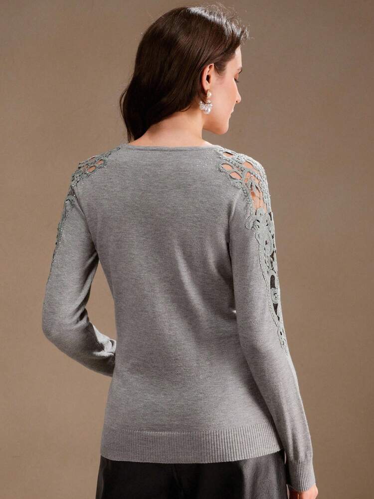 Autumn/Winter Round Neck Lace Sheer Asymmetrical Patchwork Women Knit Top T-Shirt, Christmas Sweater, New Year Clothes