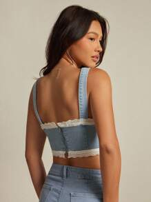 WESTFADE 西部混合材质棉混纺牛仔布和夏季花卉孔眼方领修身荷叶边背心，适合返校季，可爱秋季乡村夏季海滩度假 - 淺色水洗藍 - 查看 2