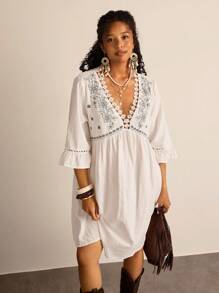 Freevana 大码女式宽松休闲七分袖度假连衣裙刺绣秋装荷叶边半身裙波西米亚风女装早午餐装女士机场装 - 白色 - 查看 5