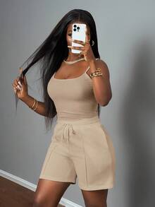 Slaydiva New Spring And Summer Casual Basic Sports Style U-Neck Suspender Vest + Five-Point Trousers With Tooth Strips Decorative Sweatpants White Women's Two Pieces Set-A - Apricot - View 4