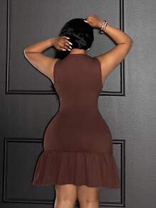 Veslaya Nuevo vestido elegante de primavera/verano para fiesta, cita elegante, noche y mini vestido, ajustado de color marrón sólido sin mangas con pliegues en la cintura, volantes en el bajo, tela elástica de punto, tallas grandes para mujer - Marrón - Ver 2