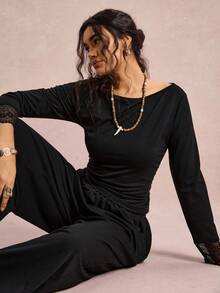 SHEIN VCAY Ensemble 2 pièces femme grande taille, Top plissé à manches longues de couleur unie et pantalon large, tenue décontractée - Noir - Voir 7