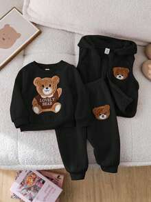 SHEIN 3pcs/Set Baby Girl Cute Black Furry Cartoon Pattern Hooded Vest Sweatshirt & Elastic Waist Pants Outfit, Autumn/Winter, Thermal Lined Fall - Black - View 8
