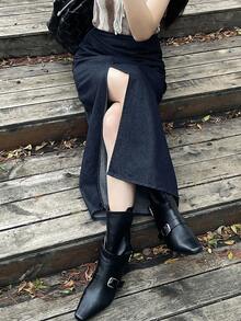 DAZY 女士优雅裹身直筒牛仔裙，带开衩和褶裥 - 中等水洗藍 - 查看 3