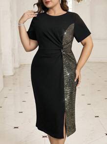 Ellevyn Elegantes Partykleid in Große Größen mit Pailletten-Patchwork und Twist-Detail