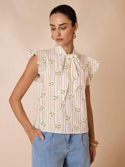 Shutterstock Glamance Damen Bluse mit Blumen-Streifen-Schleife, Kurzarm, Ditsy Blumen Oberteil, Blumen Bluse, Sommer Bluse, Schleife Oberteil