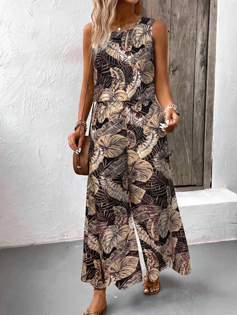 EMERY ROSE Bohemian Style Vintage Print Round Neck Crop Top And Wide Leg Pants 2 Pieces Set, Summer Beach Vacation Casual Outfit For Women - Multicolor - View 1