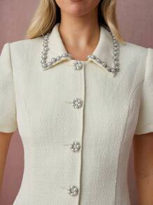 Enchnt 女士珍珠装饰领短袖纯色连衣裙 - 杏色 - 查看 2