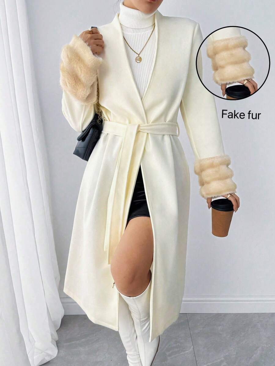 Chiquease Women Winter Clothes Furry Cuff Mid-Length Solid Color Long Fashionable Overcoat - Beige - View 1