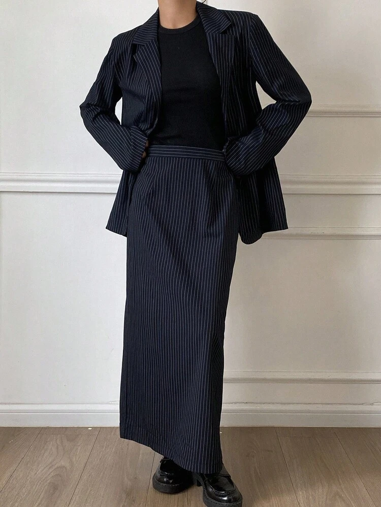 2pcs Women's Business Casual Striped Lapel NeckJacket And Skirt Suit Set, Autumn