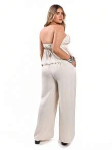 Solavibe Plus Size Summer Casual Solid Color Sleeveless Top And Long Pants 2 Pieces Set - Apricot - View 3