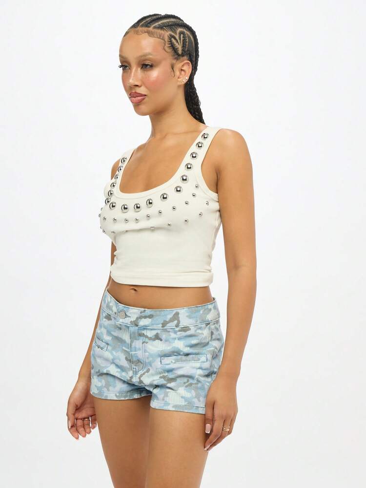 SUMWON WOMEN Denim Booty Shorts With Camo Print Design