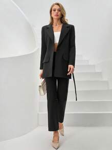 SHEIN Cottnline Lapel Neck Belted Blazer & Pants - Black - View 7
