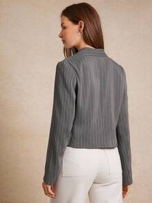 WESTFADE Chaqueta tipo blazer de corte relajado con cuello de solapa a rayas, lazo delantero y tejido de punto, ideal para volver al colegio en otoño - Gris - Ver 2
