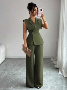 Elenzga 女士优雅休闲套装，包括有领无袖上衣和松紧腰裤，适合工作、度假、下午茶和聚会 - 軍綠色 - 查看 3