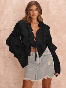 SHEIN BAE 女士白色长袖系带荷叶边透明衬衫，度假衬衫，荷叶边衬衫 - 黑色 - 查看 6