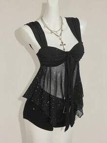 SHEIN ICON Shiny Fabric Asymmetrical Mesh Hem Women's Camisole Black Sparkly Top,Black Tops