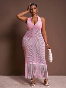 Slaydiva Đầm len dài không tay màu hồng trơn lãng mạn, cổ yếm, vạt tua rua, dành cho nữ, size lớn, mùa đông thu. - Hồng - Xem 7