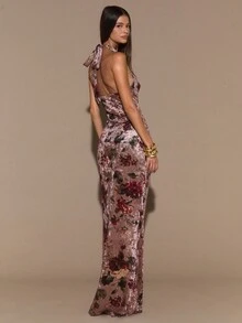 SHEIN BAE Váy ôm sát cổ họa tiết hoa, váy ôm sát đường cong thanh lịch dành cho nữ, thích hợp cho kỳ nghỉ, hẹn hò, tiệc cưới phù dâu, váy in họa tiết - Nhiều màu - Xem 7