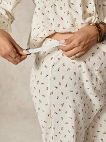 Boho Mama 2pcs Maternity Ditsy Floral Tie Front Lantern Sleeve Shirt And Adjustable Waist Pants Casual Outfit