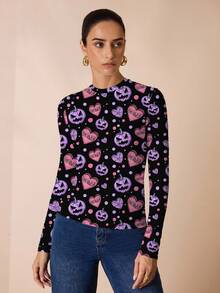 Glamance Sonchs Curiosities Women's Black Long Sleeve Pumpkin Print Tight Fit T-Shirt, Autumn Halloween Shirt Halloween Top Pumpkin Shirt Kawaii Halloween Cute Halloween Shirt Going Out Fall Elegant Top Winter - White - View 3