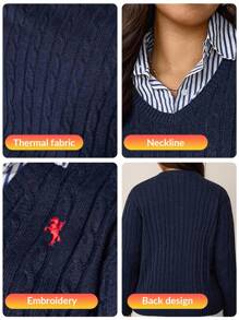 SHEIN LUNE Maglione casual oversize con scollo a V, lavorazione a maglia testurizzata con motivi ricamati