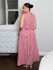 Melissa Matos Women's Summer Holiday Picnic Plaid Crew Neck Tie Waist Pocketed Sleeveless Loose Casual Dress, Suitable For Various Occasions, Casual, Commute And Travel Women Nice Dress Dresses Classy Elegant Women's Concert Attire,Graduation Dresses - Red and White - View 2