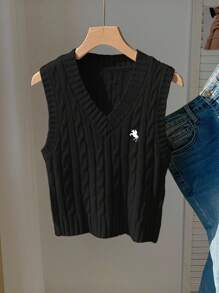 Comfortcana Women's Casual V-Neck Equestrian Embroidery Cable Knit Sweater Vest Going Out Tops Women,Tops For School In Fall/Winter